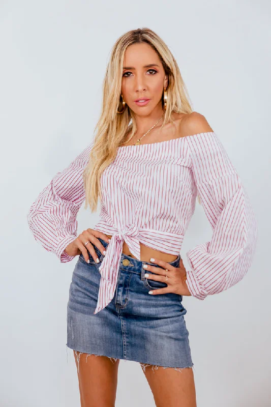 Off-Shoulder Striped Long Sleeve Top