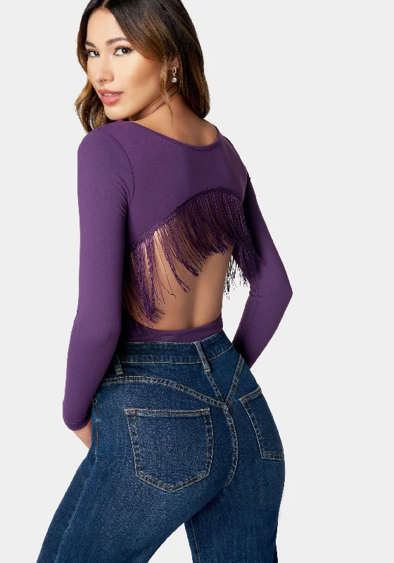 Open Back Fringe Trim Bodysuit