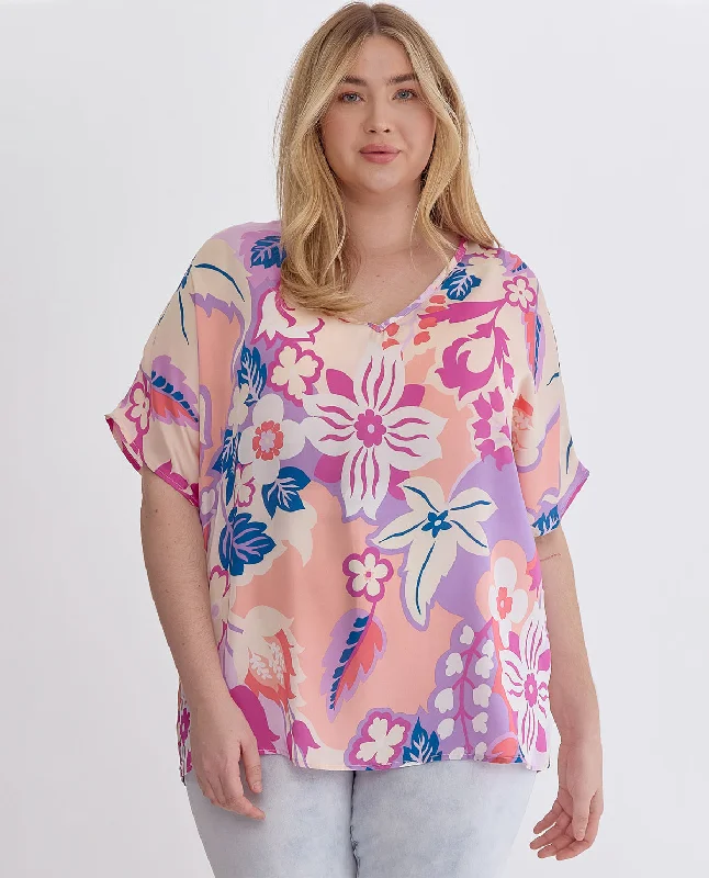 PLUS Floral Satin V-Neck Short Sleeve Top