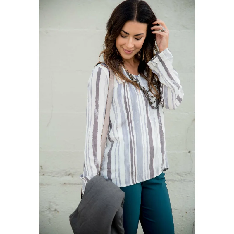 Striped Brush Stroke V Neck Blouse - Grey