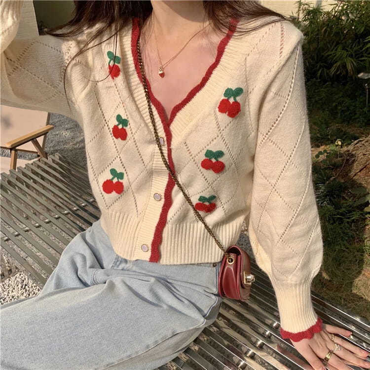 KittenAlarm - V-Neck Elegant Cherry Pattern Cardigan Sweater