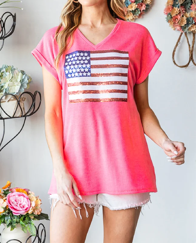 V-Neck Sequin Flag Solid Top