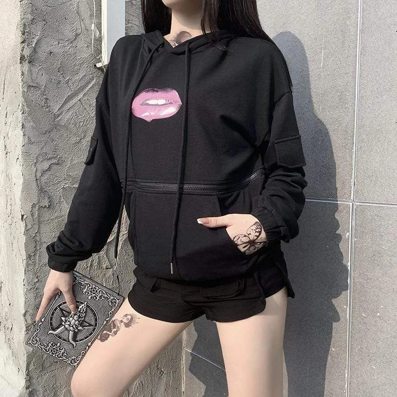 Women's Gothic Lips Pattern Hoodied Detachable Hem Sweatshirts