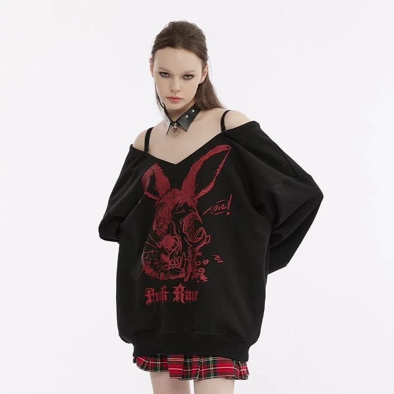 Women's Punk Off Shoulder Rabbit Printed Hoodie