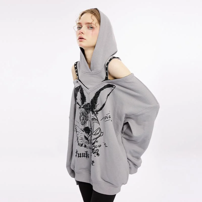 Women's Punk Off Shoulder Rabbit Printed Hoodie