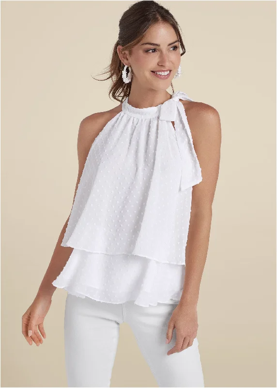 Swiss dot mock-neck top - White