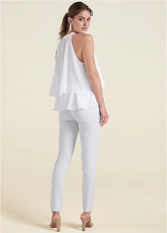 Swiss dot mock-neck top - White