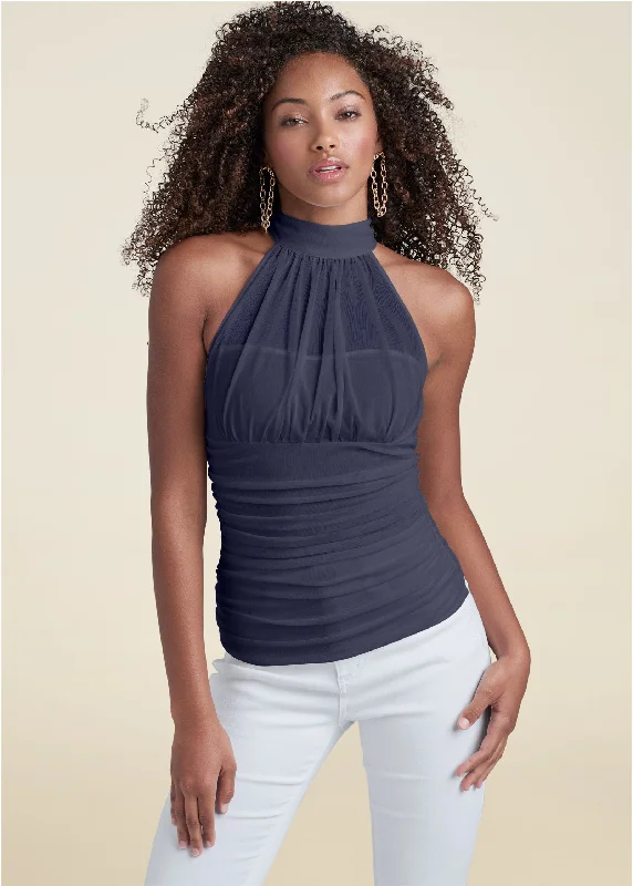 Mesh mock-neck top - Navy