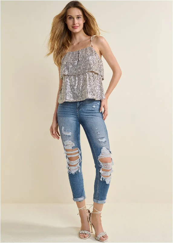 Tiered sequin tank top - Champagne Metallic